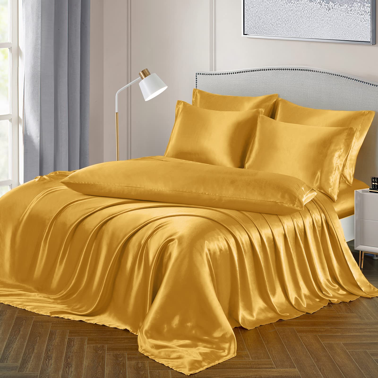 Ersmak 7 Pieces Satin Sheets Set Queen Size, Luxury Silky Gold Satin Bed Sheets Set With 1 Deep Pocket Fitted Sheet, 1 Soft Flat