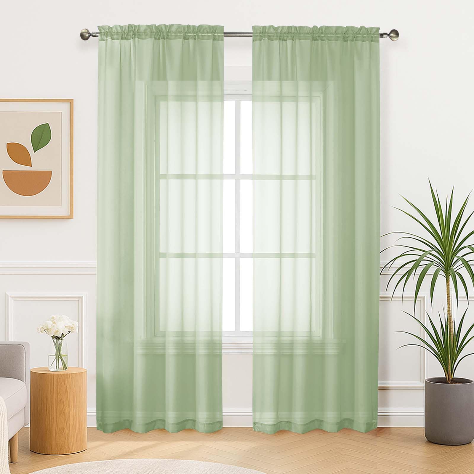 Aiyufeng Light Green Sheer Curtains 84 Inches Long 2 Panels Set for Living Room, Light Filtering Green Window Sheer Drapes for B