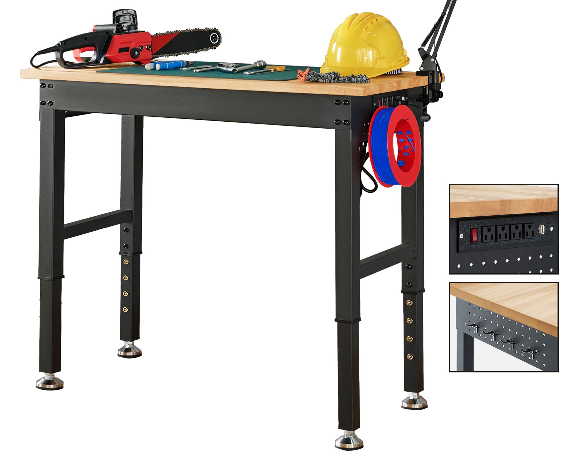 Albott Adjustable Workbench, 28.7-38.6 Height, Rubber Wood Top, Heavy-Duty Design with Power Outlets & Hooks, 2000 LB Capacity f