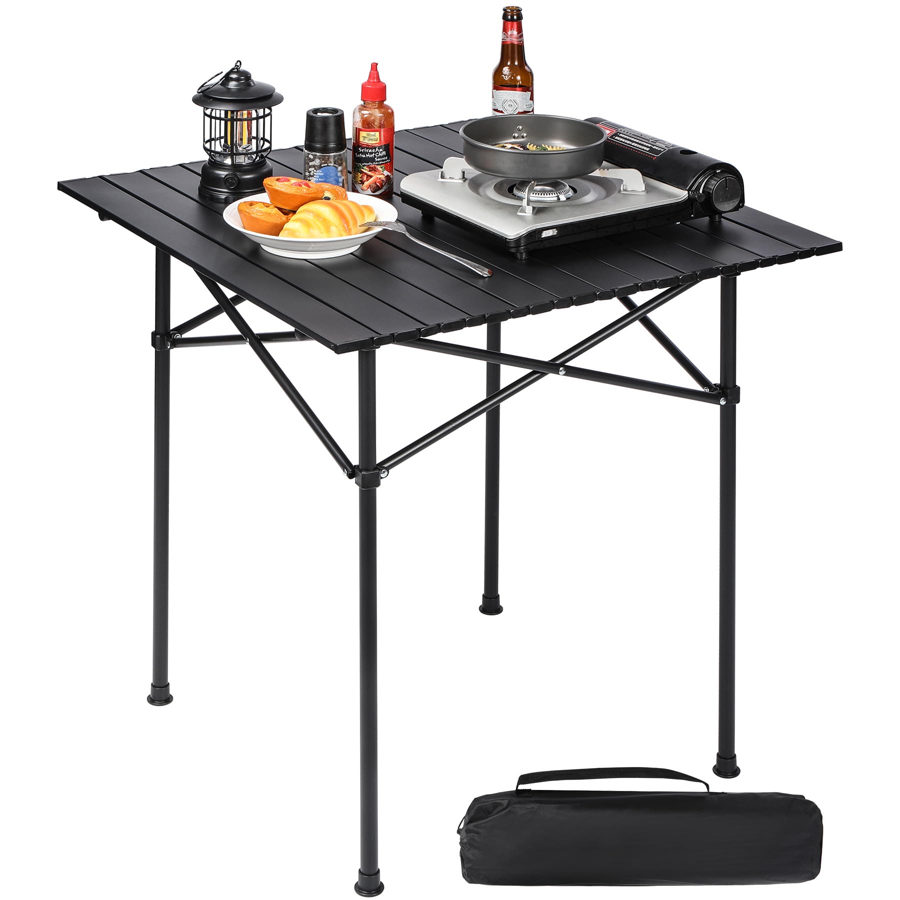 REDCAMP Roll Up Camping Tables That Fold Up, Lightweight Portable Compact Metal Camp Table for Grill Outdoor Picnic, Black Squar