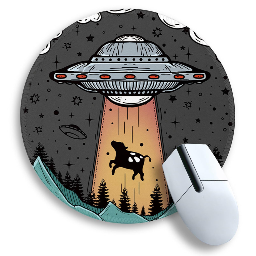 Gctriki Funny Round Mouse Pad, Mini Mouse Pad For Desk, Fun Ufo Cow Abduction Mousepad, Stitched Edge Non-Slip Rubber Base, Lapt