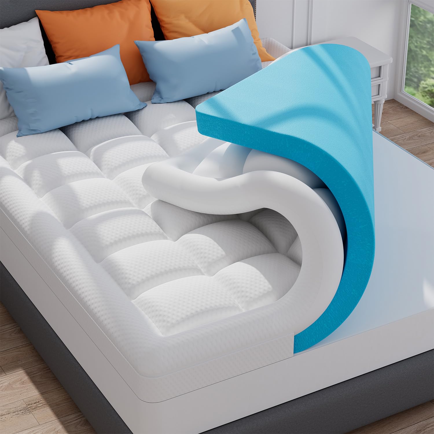 Elemuse Dual Layer 3 Inch Memory Foam Mattress Topper King, 2 Inch Cooling Gel Memory Foam Plus 1 Inch Down Alternative Pillowto