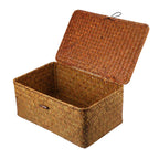 Rattan Storage Basket Makeup Organizer Multipurpose Container with Lid (L)