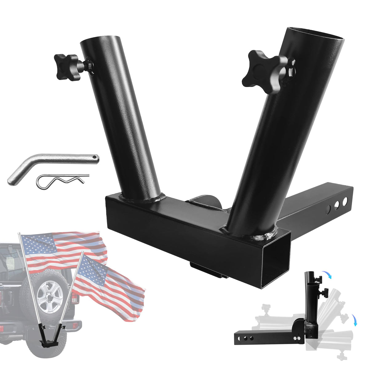 Kairay Hitch Mount 3 Flag Pole Holder Three-Headed Flagpole Universal For Standard 2 Inch Receiver (Foldable Dual Flagpole Holde