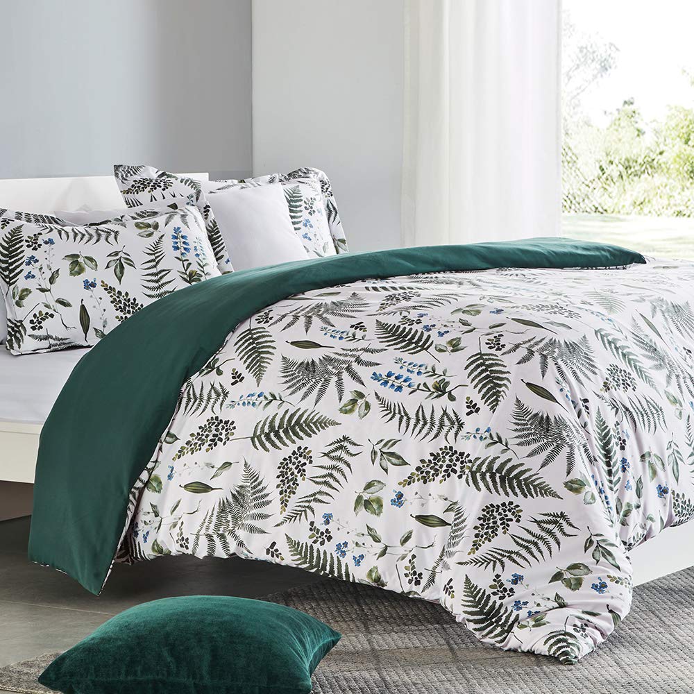 Sleep Zone Bedding Duvet Cover Sets Printed Pattern Tropical Plants 120Gsm Ultra Soft Zipper Closure Corner Ties, Green, Full