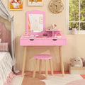 HONEY JOY Kids Vanity, Wooden Girls Vanity Set with Mirror and Stool, 2 Storage Drawer & Square Mirror, Princess Toddler Makeup 