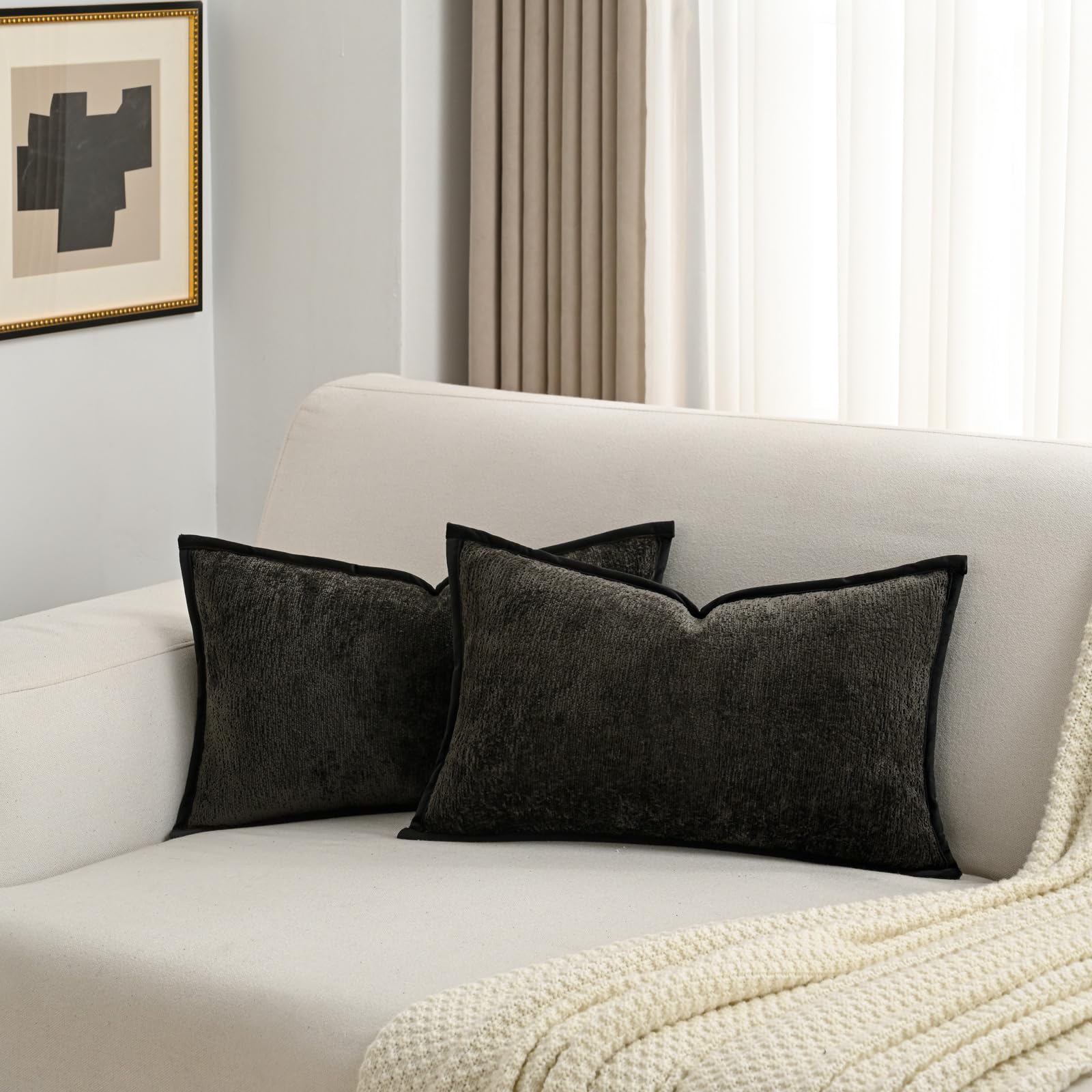 Futei Black Chenille Throw Pillow Covers 12X20 Inch Set Of 2,Soft Velvet Lumbar Pillow Cases,Home Decor For Couch Bed Living Roo