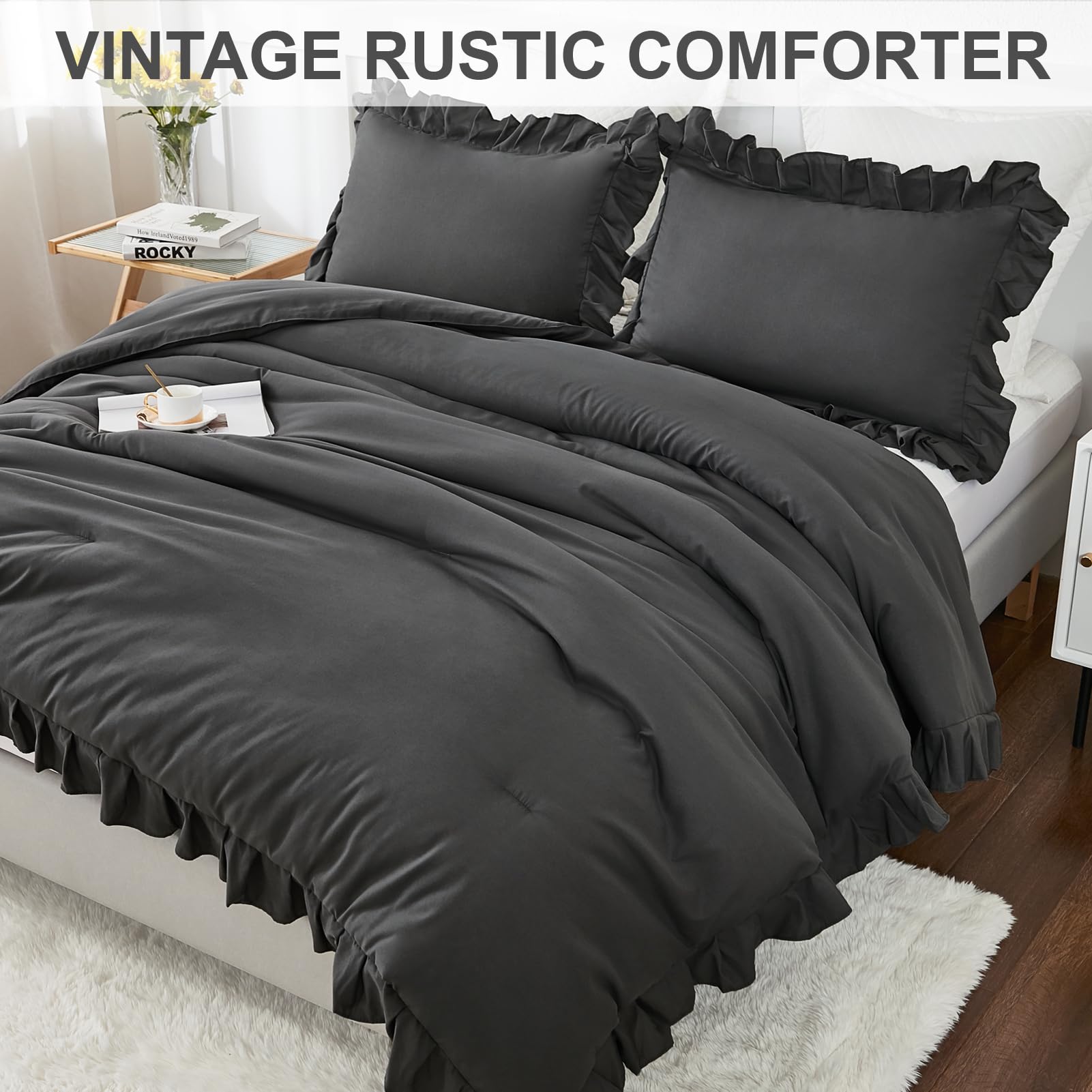 Andency Dark Gray Twin Size Comforter, 2 Pieces Kids All Season Ruffle Bed Comforter Set, Boho Lightweight Solid Farmhouse Shabby Chic Bedding Comforters & Sets (66X90Inch Comforter)