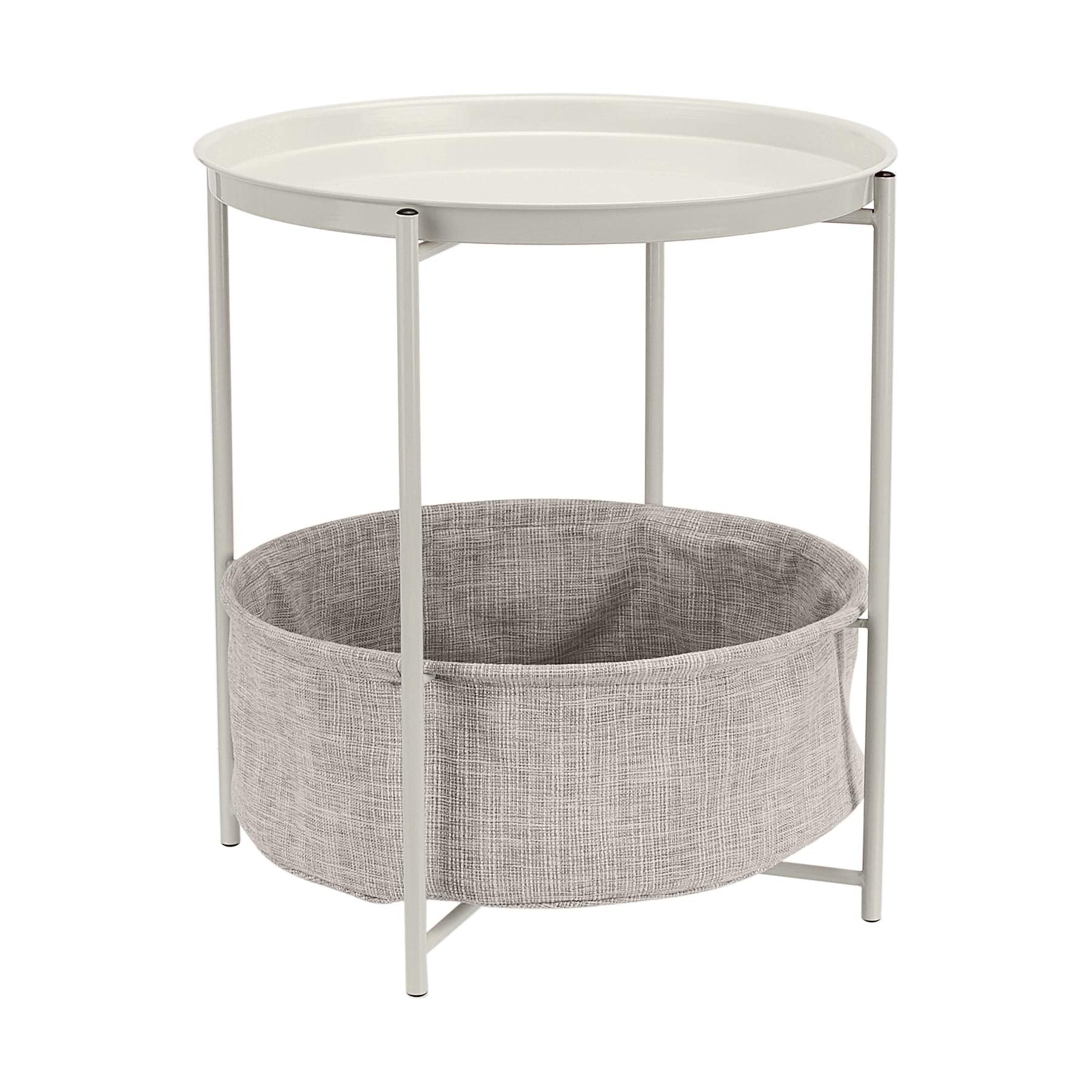 Amazon Basics Round Storage End Table, Side Table with Cloth Basket, White/Heather Gray, 17.7L x 17.7W x 18.9H