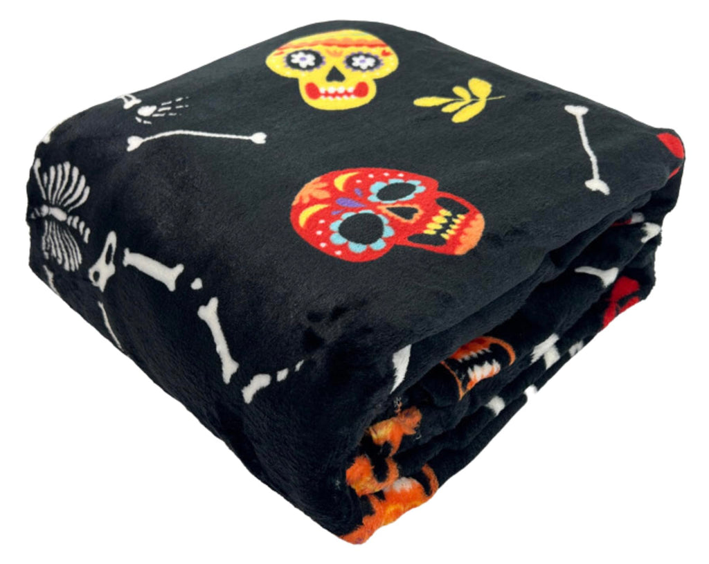 Haunted Halloween Fleece Throw Blanket: Halloween Rock N' Roll Dancing Skeleton Sugar Skulls Print On Soft Velvet Fleece Throw B