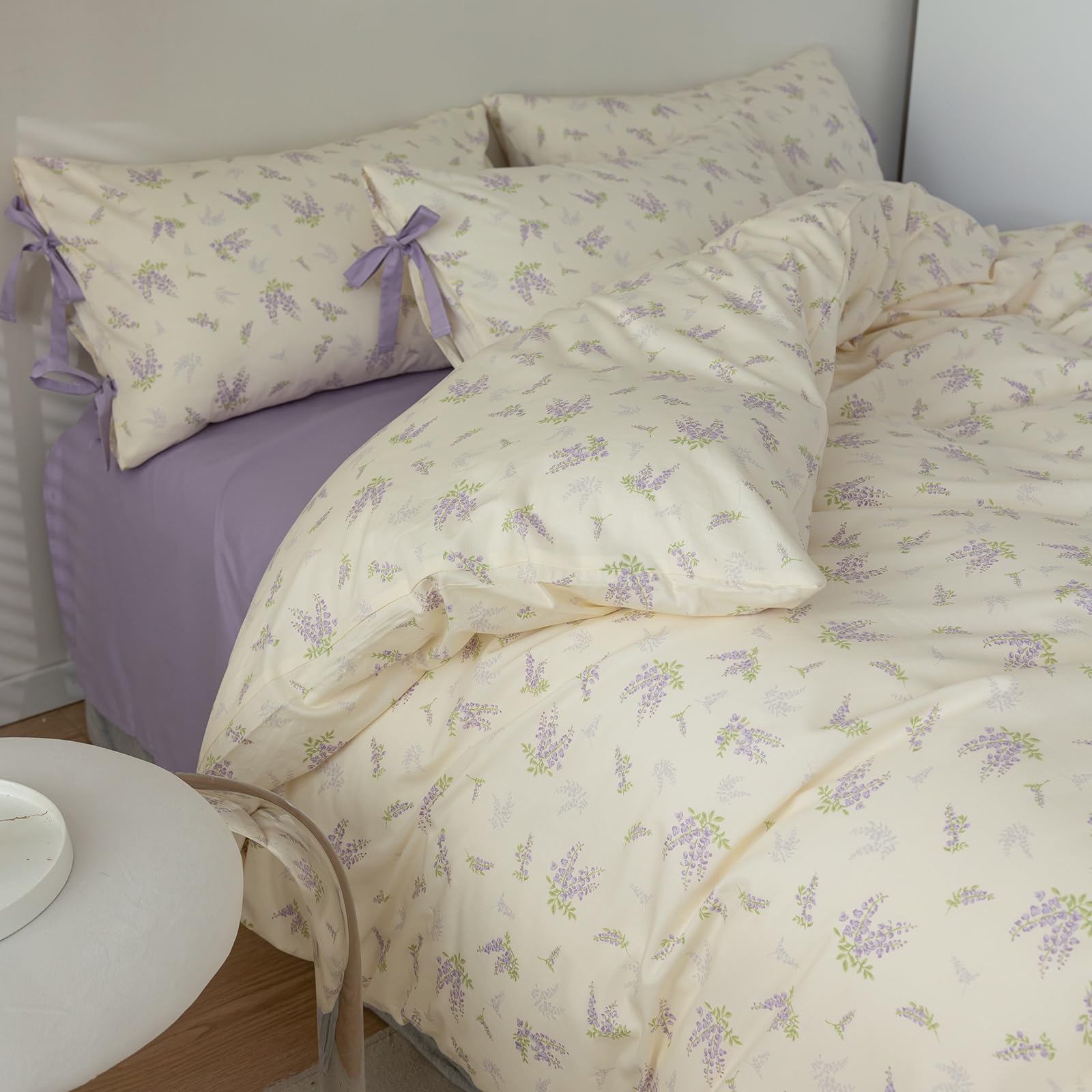Mixinni Cotton Purple Floral Duvet Cover Twin Size Soft Cottage Ribbon Bedding Set Girls Comforter Cover With Zipper 4 Corner Ti