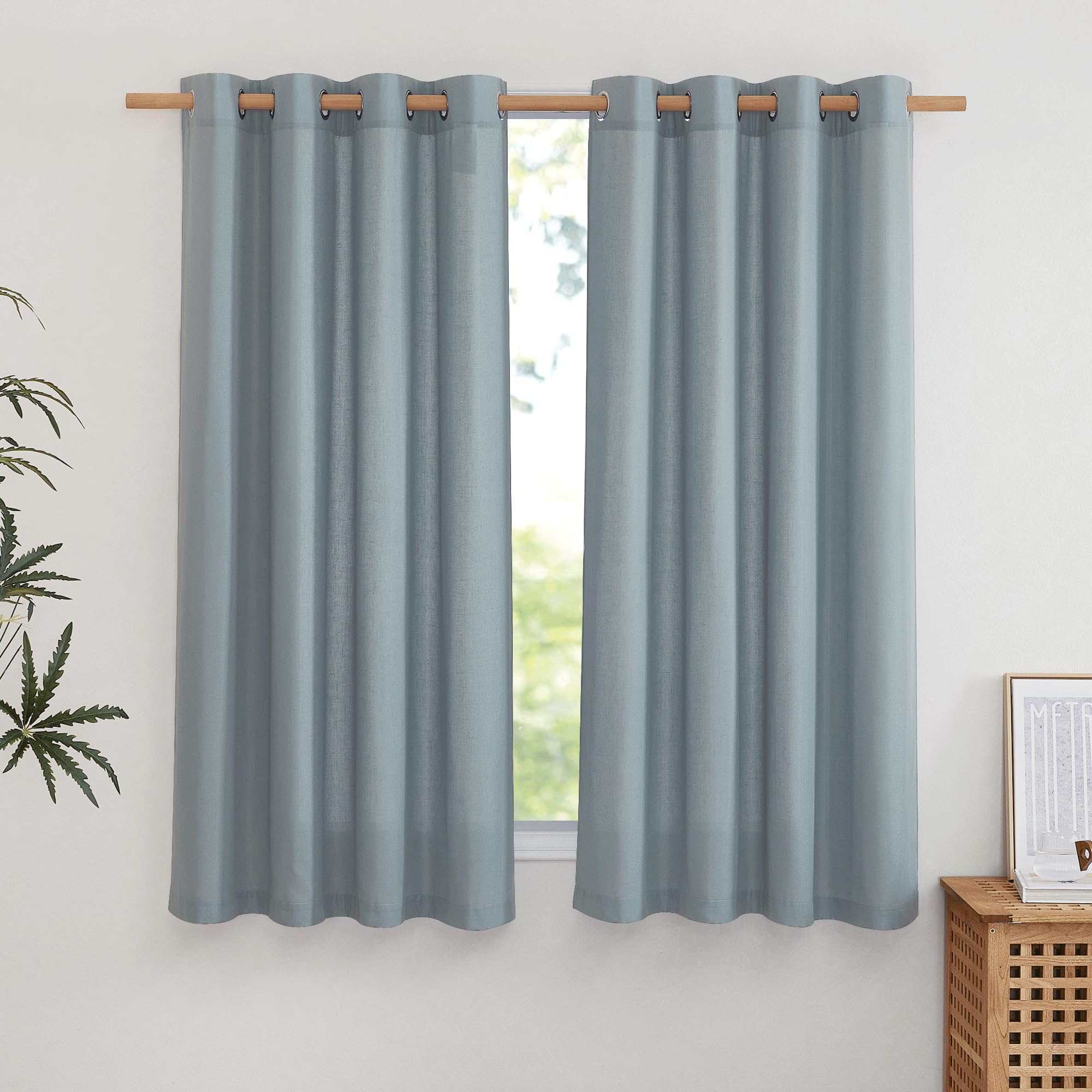 Nicetown Linen Stone Blue Curtains 63 Inch Length, Grommet Top Casual Semi Sheer Privacy Window Drapes With Light Penetration For Beach House/Bedroom, W55 X L63, 2 Panels