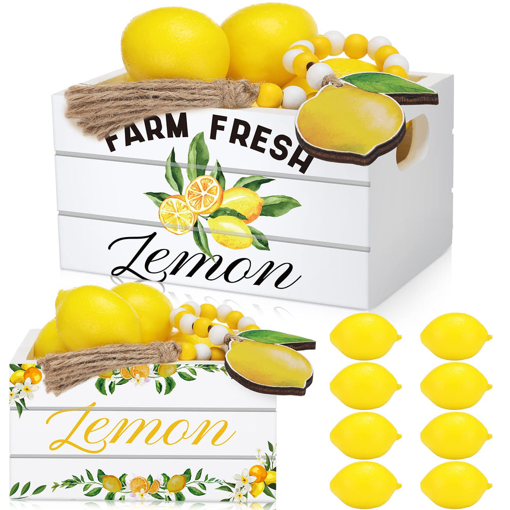 Lemon Mini Crate Summer Tiered Tray Decor with 8 Faux Lemons with Wood Bead Tassel Farmhouse Lemonade Kitchen Decorations Summer