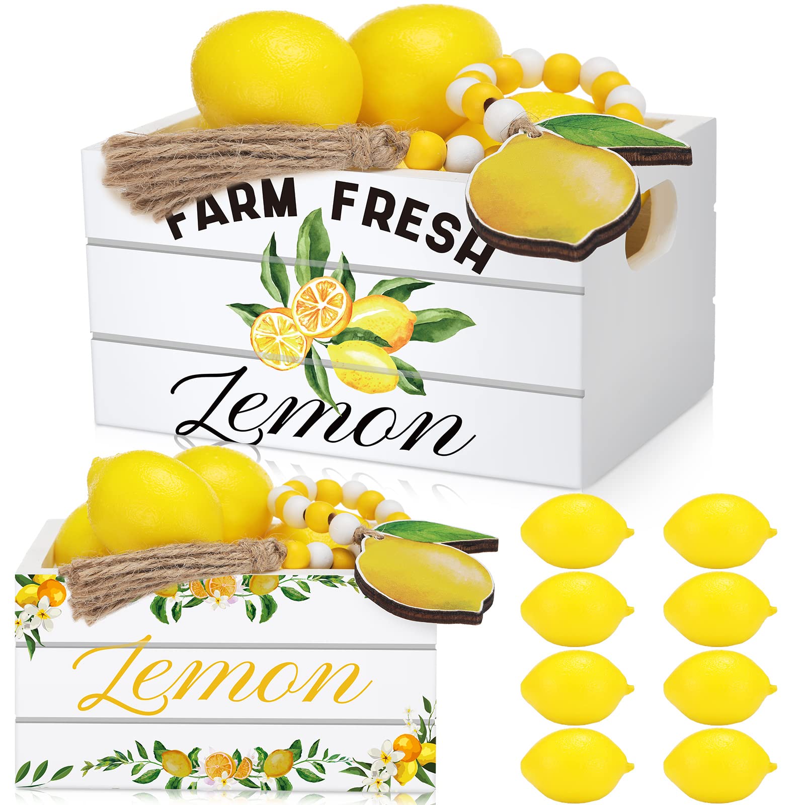 Lemon Mini Crate Summer Tiered Tray Decor with 8 Faux Lemons with Wood Bead Tassel Farmhouse Lemonade Kitchen Decorations Summer
