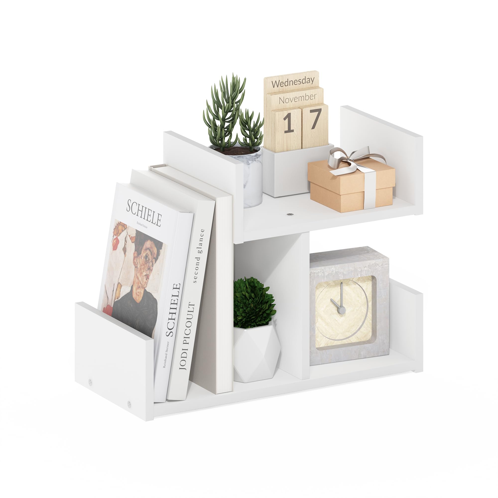 Furinno Hermite Wooden Desktop Bookshelf Storage Organizer For Home And Office Supplies, White