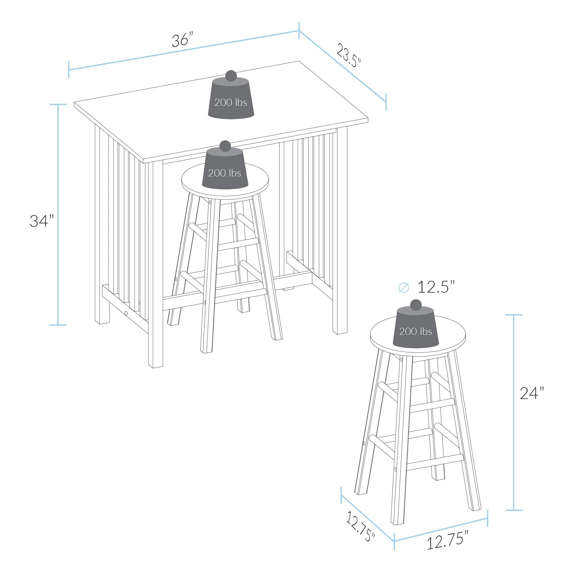 Casual Home 3-Piece Breakfast Set With Solid American Hardwood Top, White