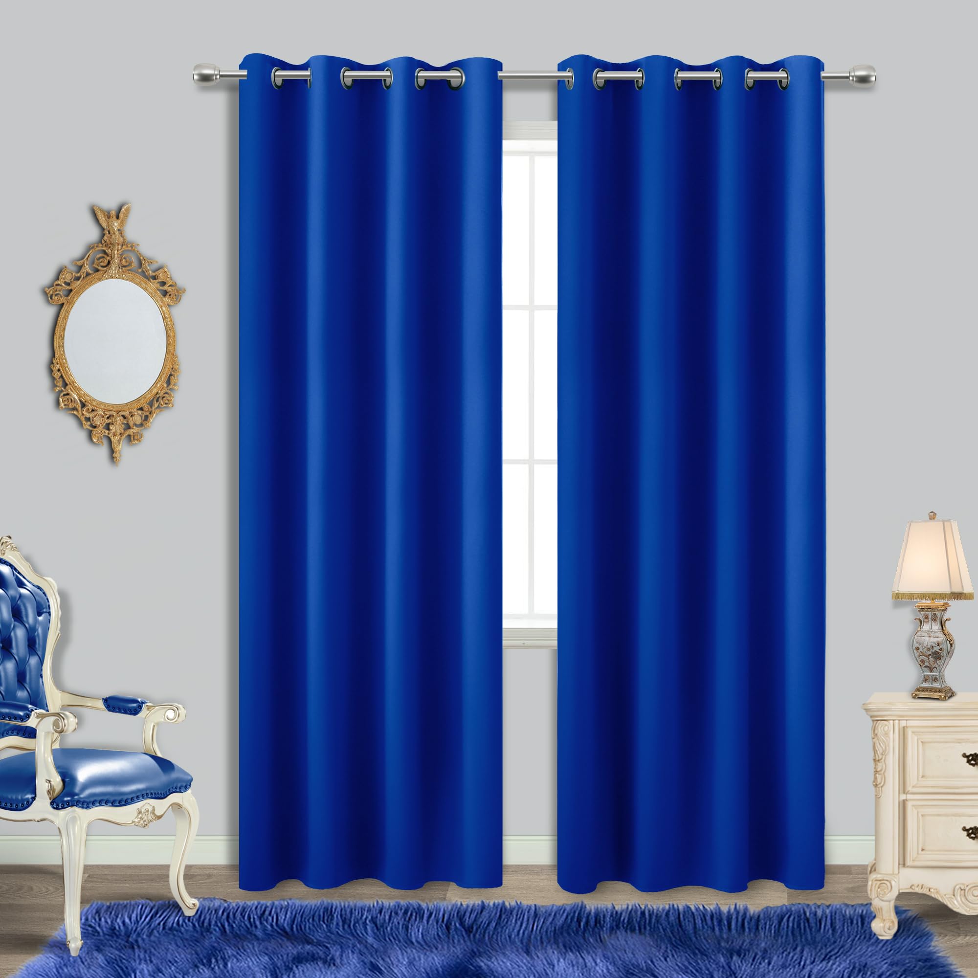 Royal Blue Curtains 96 Inches Long for Living Room Set of 2 Panels Thermal Insulated Room Darkening Grommet Blackout Noise Reduc