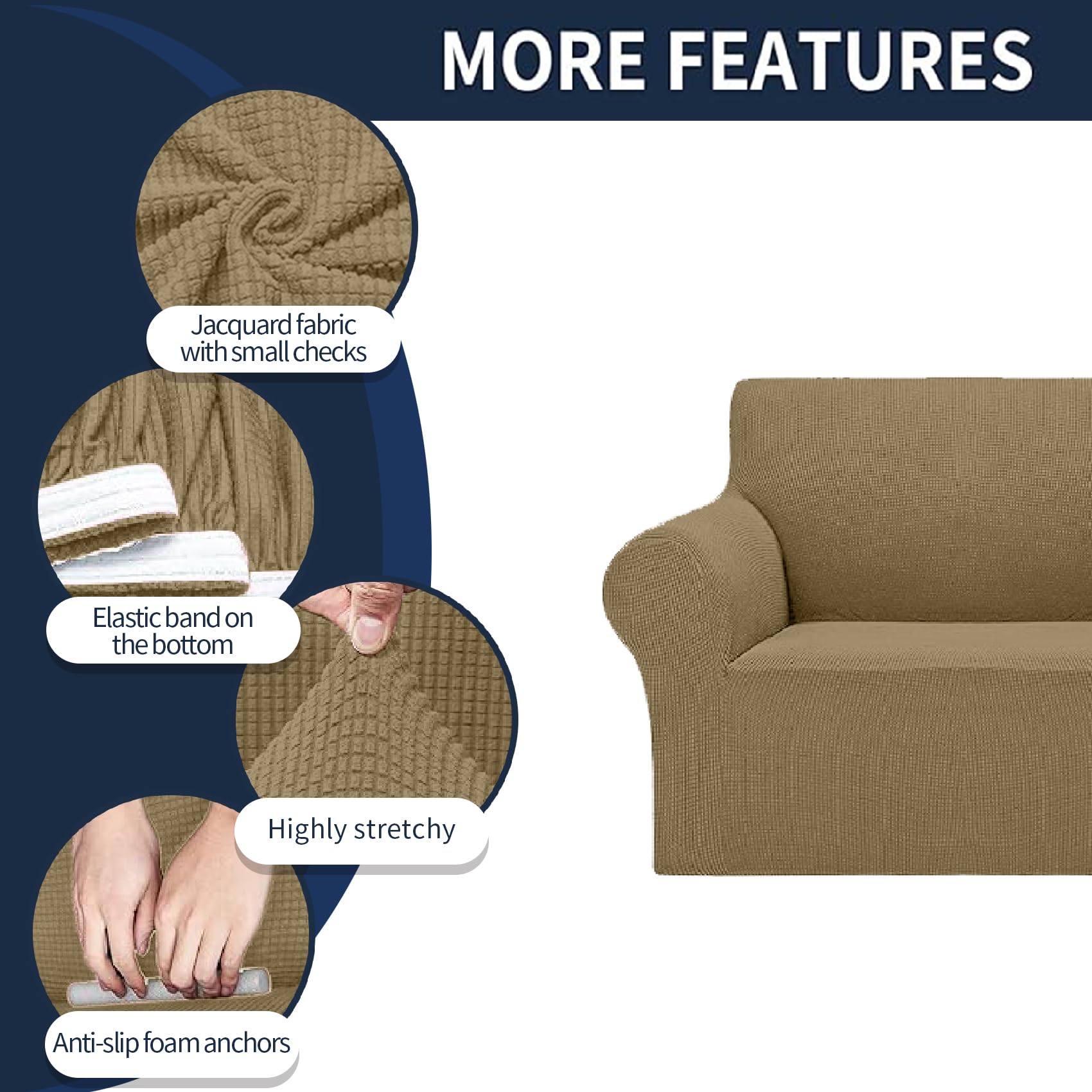2025 New Stretch Loveseat Sofa Slipcovers Couch Cover For 2 Cushion Furniture Protector Sofa Covers With Elastic Bottom Jacquard Fabric Small Checks For Pets, Kids - Tan