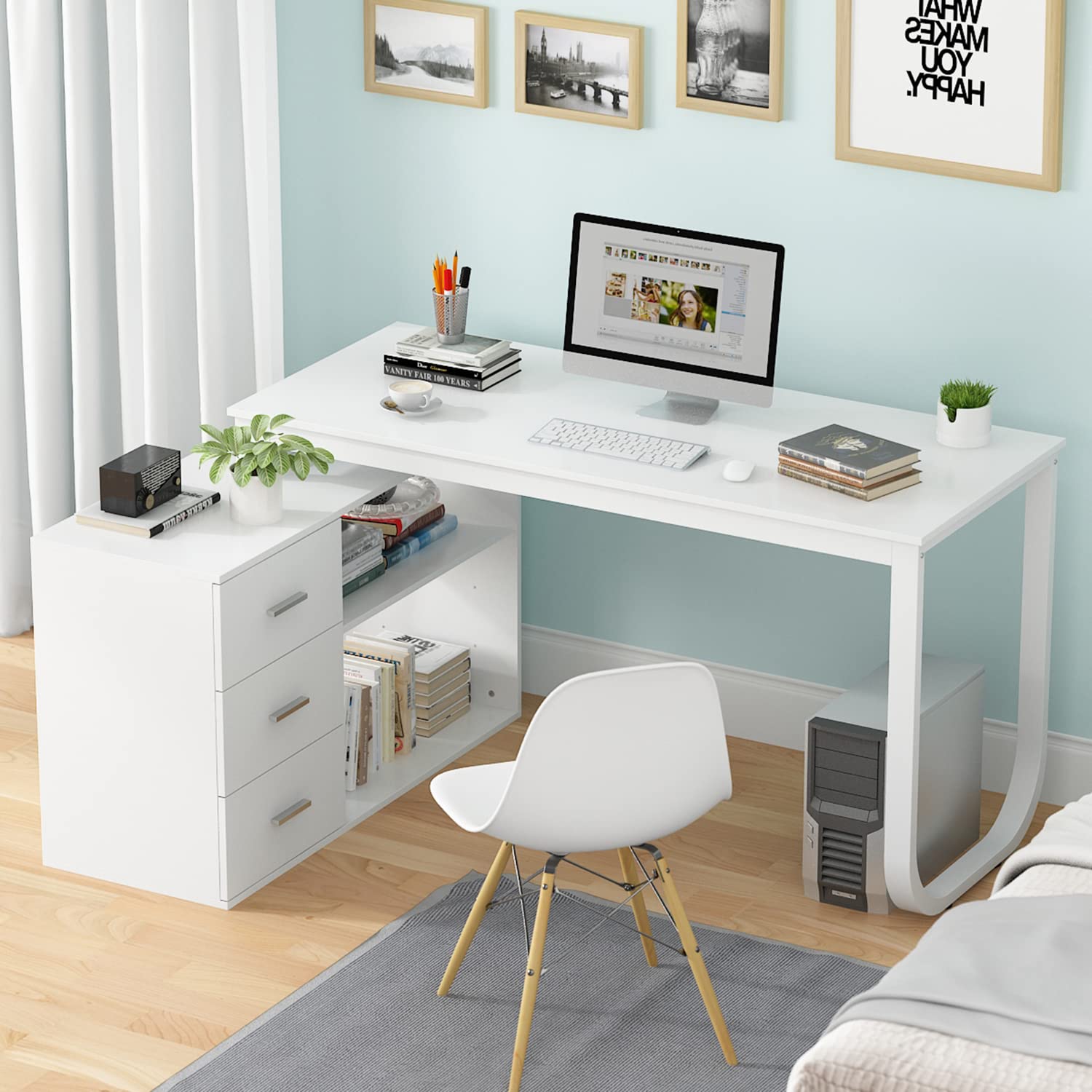 Homsee Home Office Computer Desk Corner Desk With 3 Drawers And 2 Shelves, 55 Inch Large L-Shaped Study Writing Table With Storage Cabinet - White