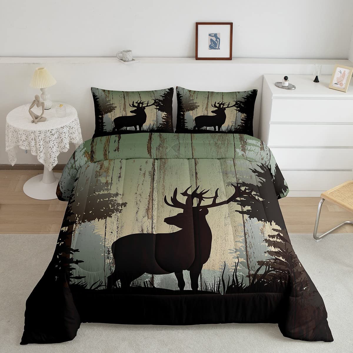 Deer Silhouette Comforter Set Queen,Rustic Farmhouse Barn Door Bedding Set 3Pcs For Kids Teens Adults Room Decor,Pine Deer Hunt