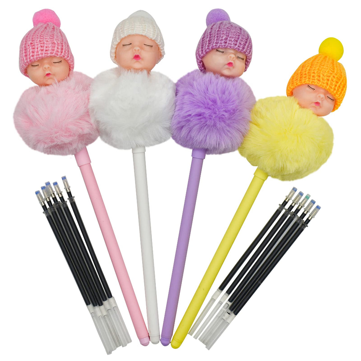 Maydahui 4Pcs Pom Pom Doll Gel Pen Cute Kawaii Fluffy Ball Pens Sleeping Baby Style Black Ink For Party School Office(4Pcs Pen+1
