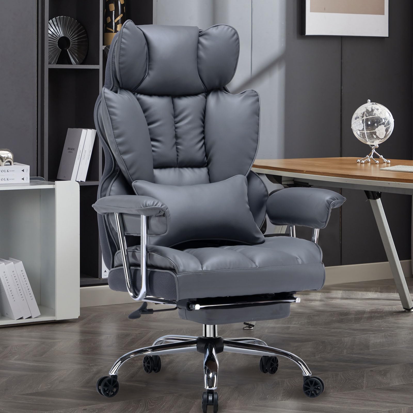Efomao Executive Office Chair For Heavy People, Big And Tall Office Chair, High Back Office Chair With Foot Rest, Height Adjustable Home Office Chair, Mineral Grey Office Chair
