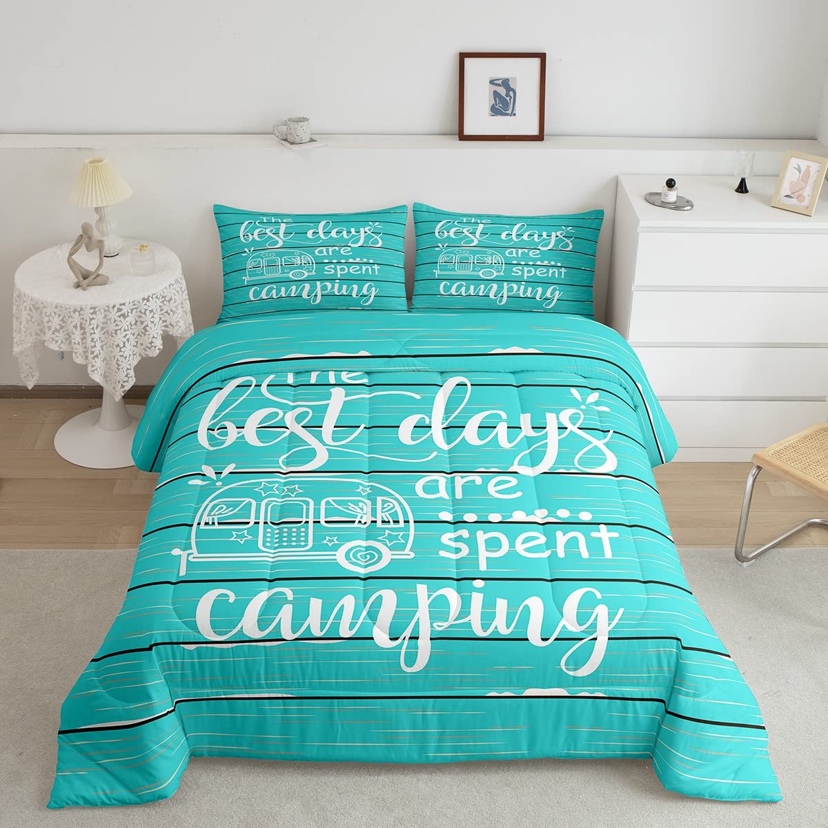 Happy Camping Campers Comforter Set King,Wooden Geometric Stripes Bedding Set,Happy Outdoors Natural Quilt Set 3 Pcs For Kids Te