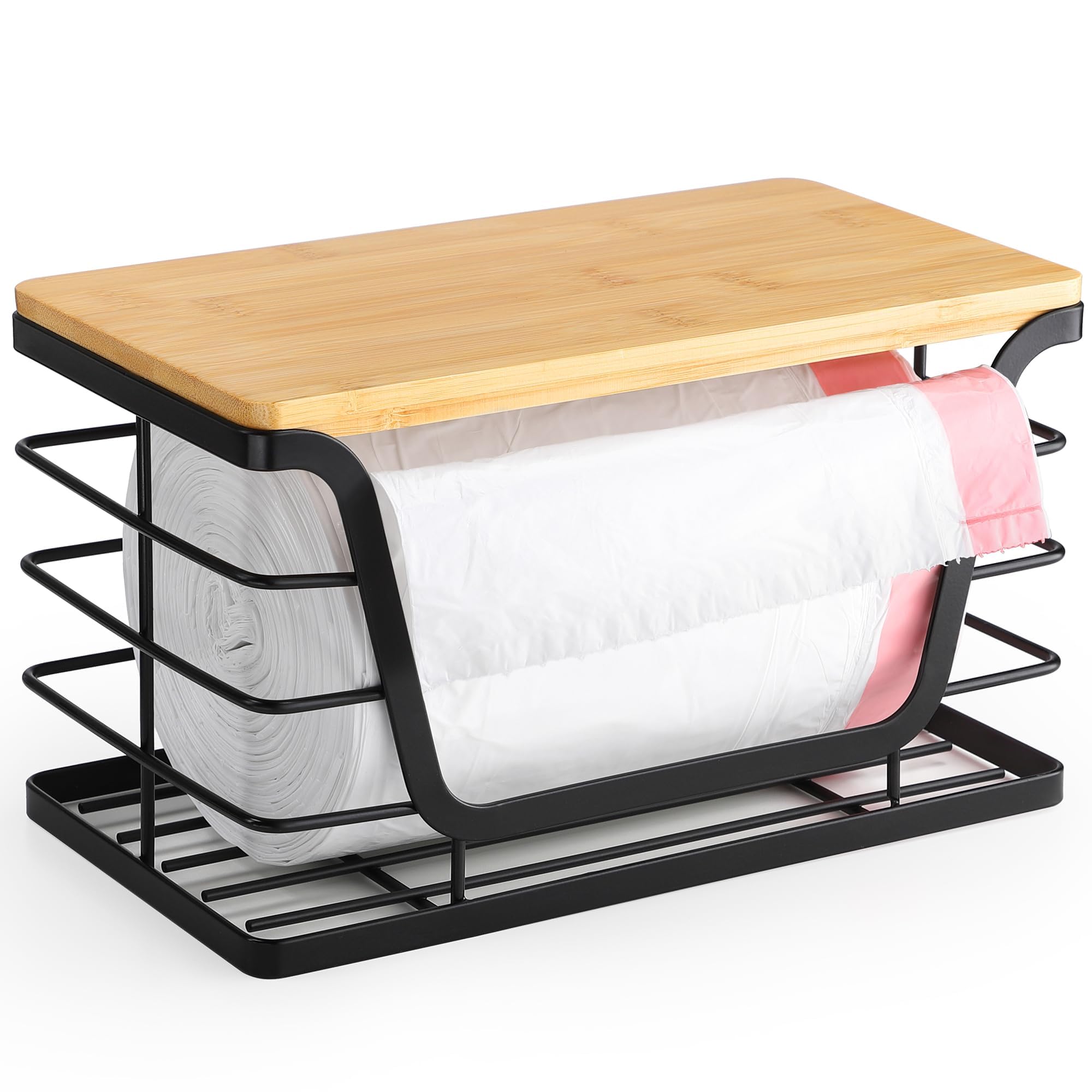 Aloceo Small Trash Bag Holder With Bamboo Top, Wall Mount Standard Garbage Bag Dispenser For Laundry Room Organization/Kitchen U