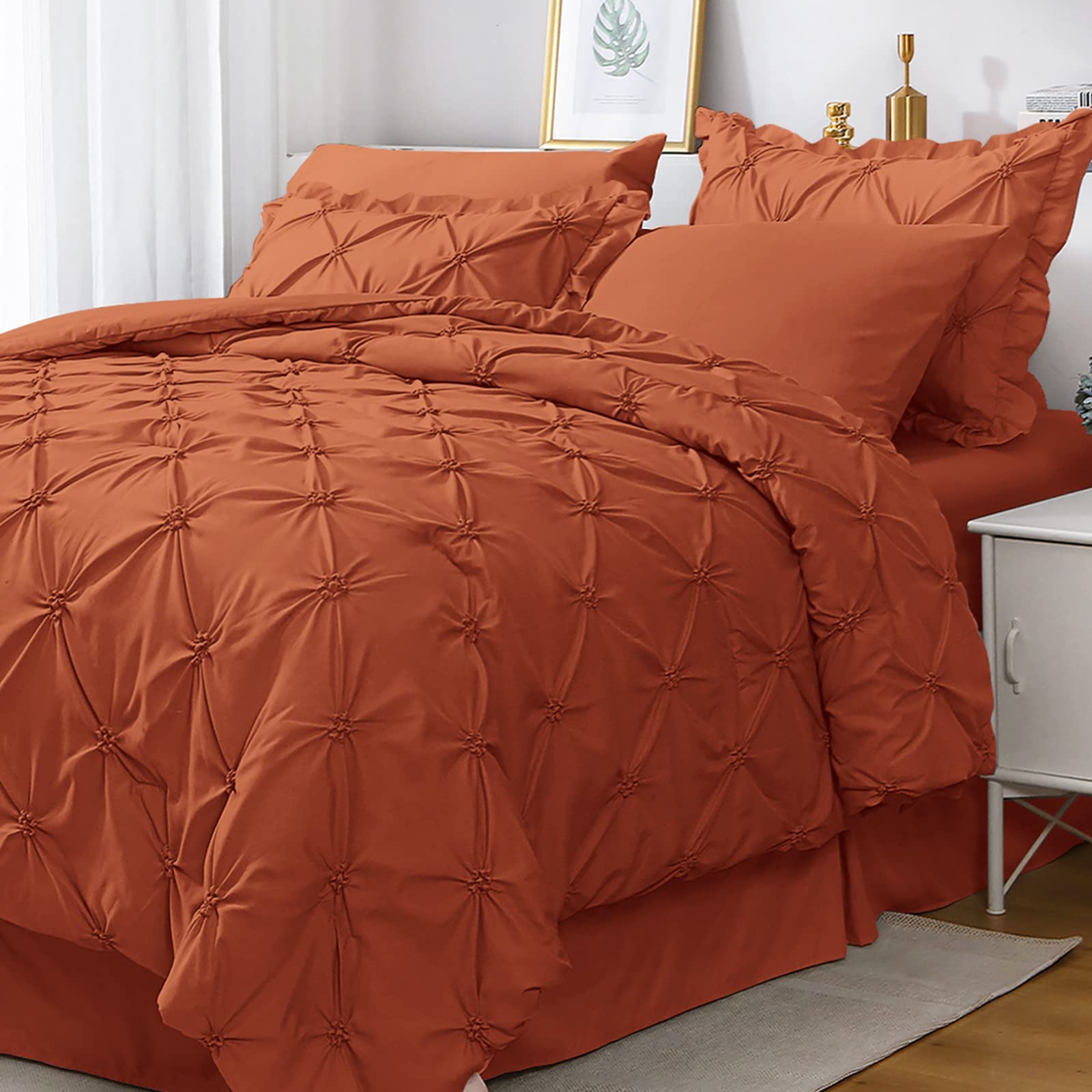 Jollyvogue Queen Comforter Set 7 Pieces, Burnt Orange Bed In A Bag Comforter Set For Bedroom, Bedding Comforter Sets With Comfor