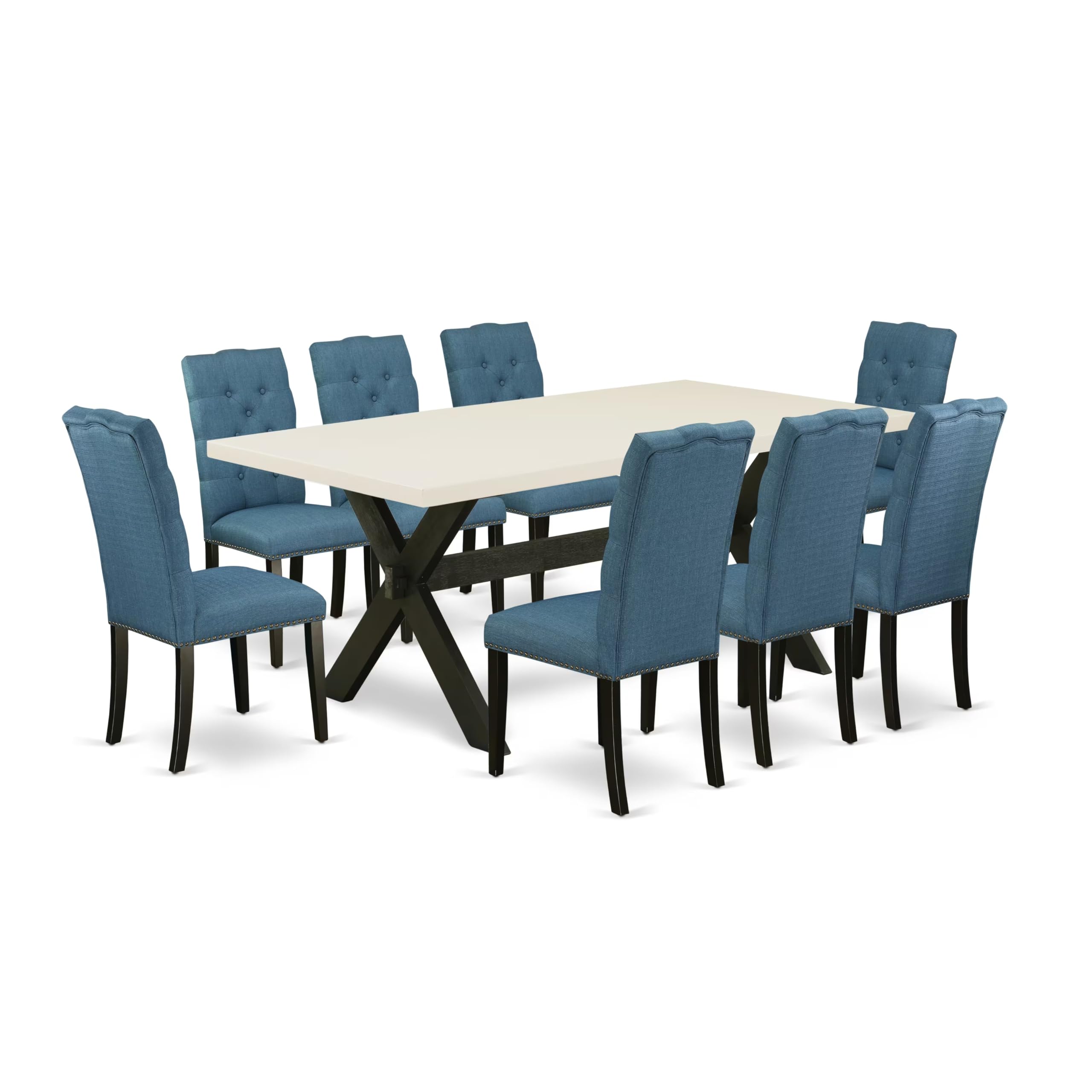 East West Furniture X627El121-9 9 Piece Dining Room Table Set Includes A Rectangle Dining Table With X-Legs And 8 Blue Linen Fabric Upholstered Parson Chairs, 40X72 Inch, Multi-Color