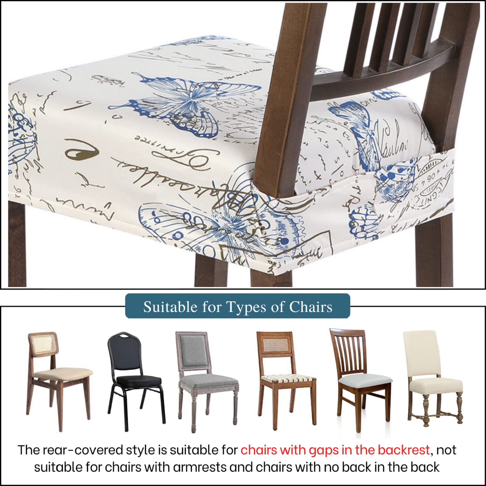 Searchi Stretch Dining Chair Seat Covers Set Of 6, Soft Removable Washable Seat Covers For Dining Chairs, Dining Room Seat Cover Protector (Rear-Covered, Butterfly)