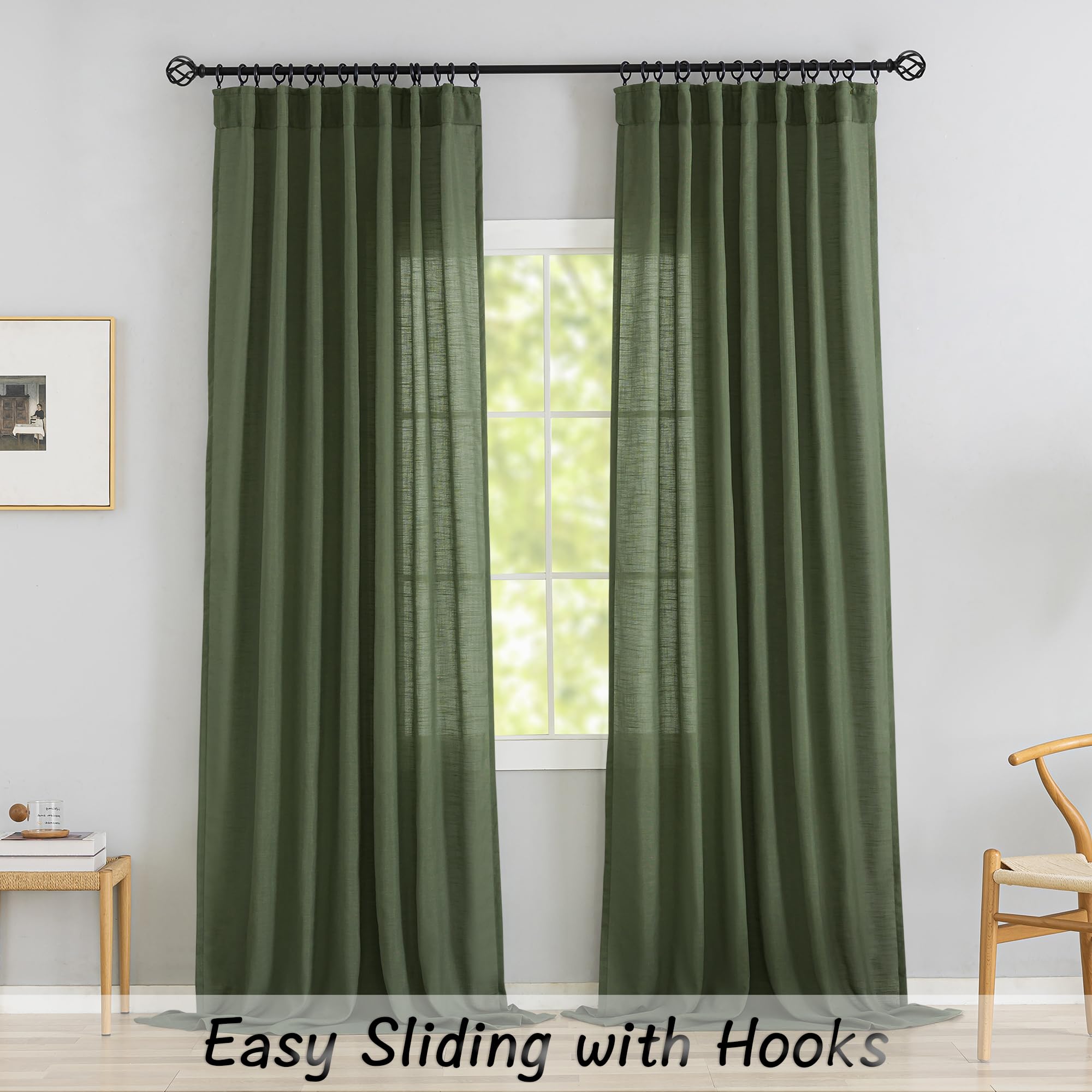 Olive Linen Back Tab Curtains 102 Inches Long 2 Panels Set For High Windows -Rustic Hooks Belt Pinch Pleated Look Easy Sliding Curtains Light Filtering Semi Privacy Drapres Battle Green W52 X L102