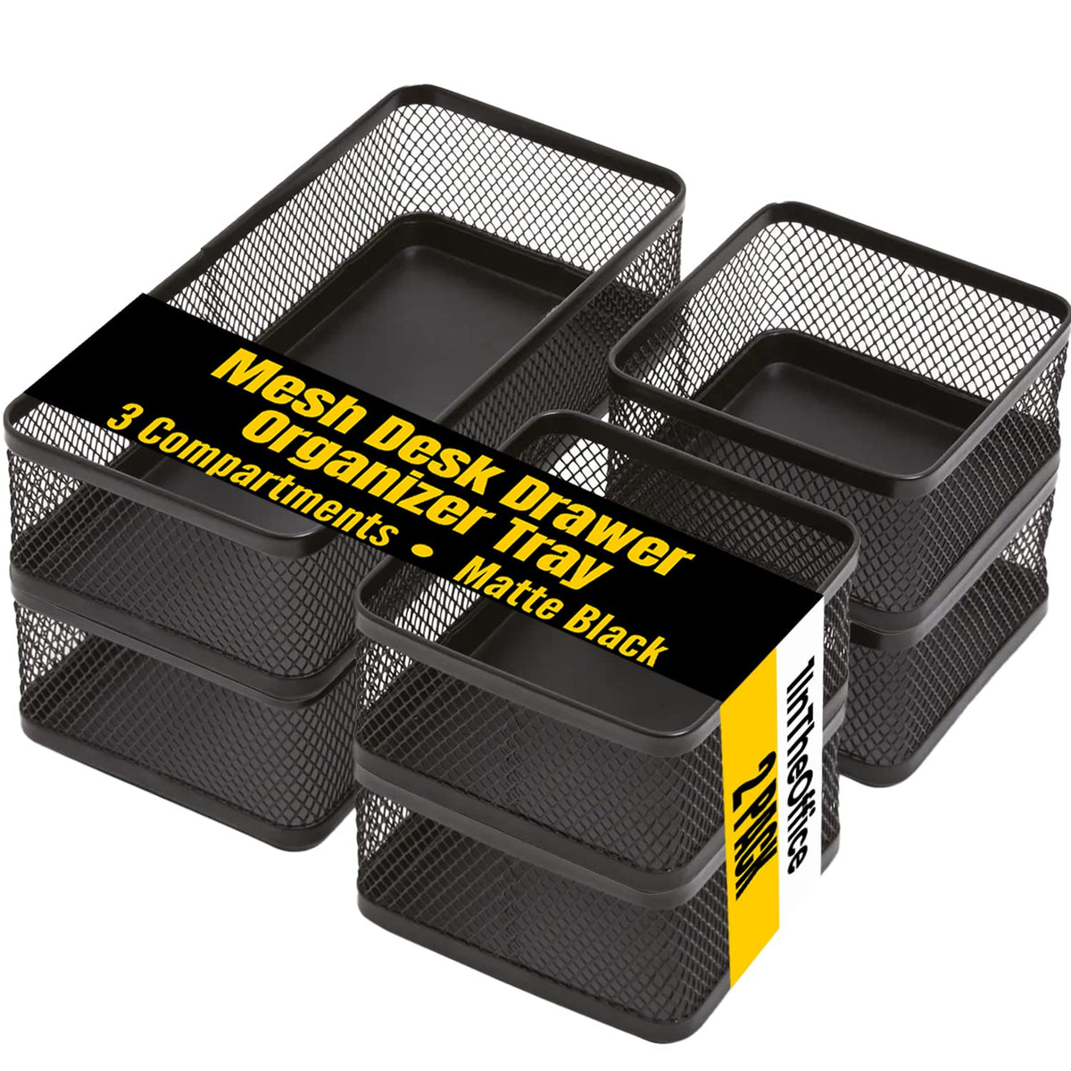 1Intheoffice Mesh Collection Desk Drawer Organizer Tray 3 Compartment - Stackable, Matte Black (2Pack)