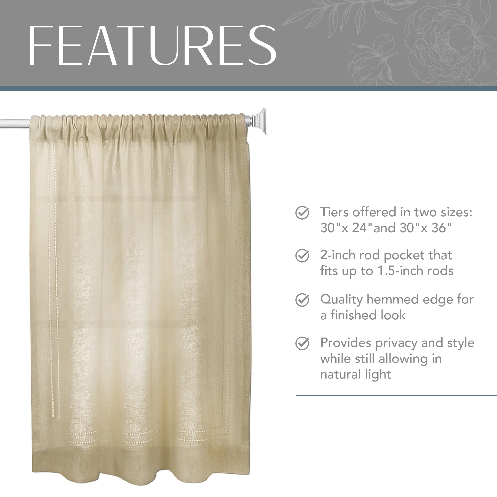 Elrene Home Fashions Cameron Linen Tier Curtains, 30'' W X 24'' L Each (Set Of 2 Tiers), Linen