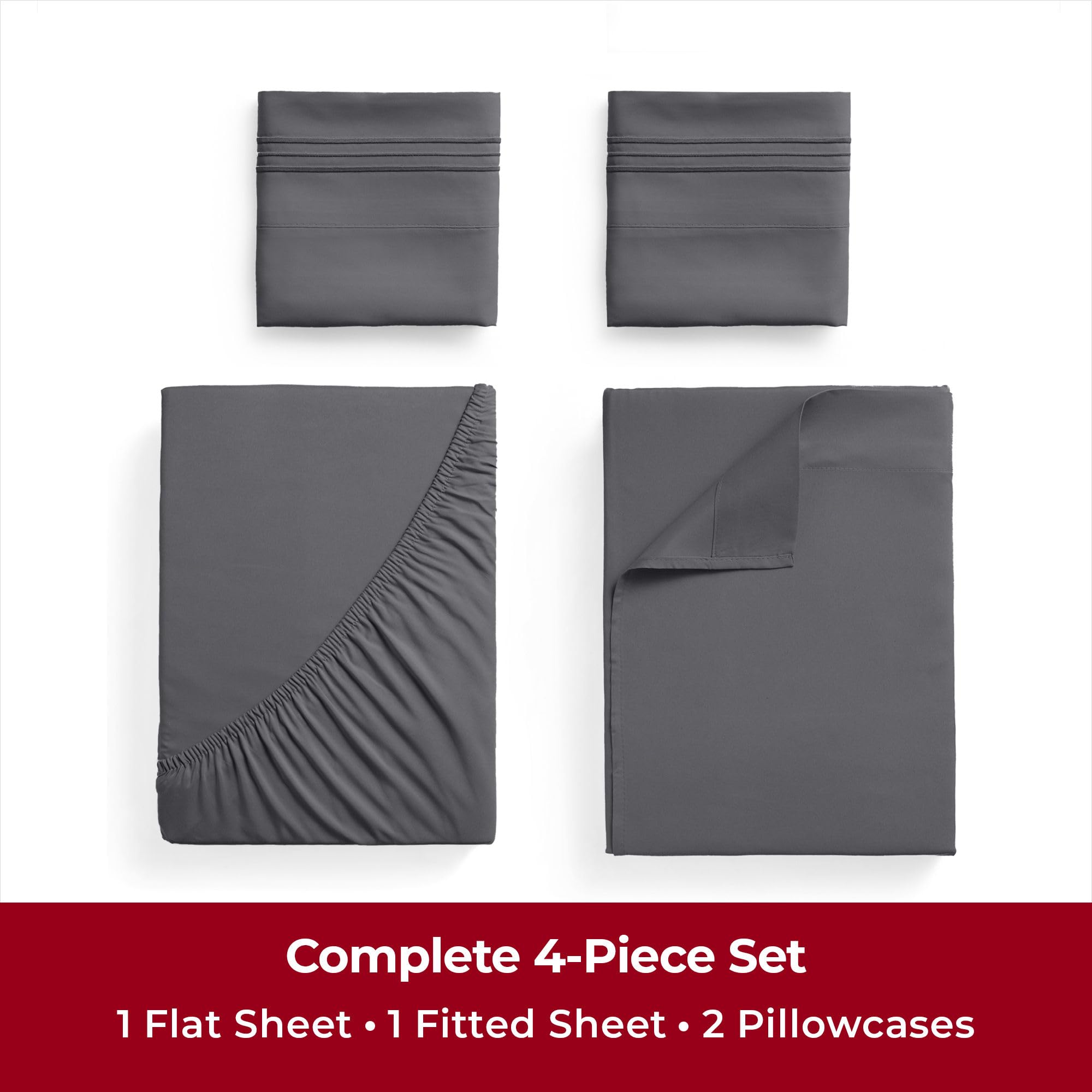 Mellanni Twin Sheet Set - 4-Piece Iconic Collection Bedding, (Including 2 Pillowcases), 16-Inch Deep Pocket, Easy Care, Extra Soft, Cooling Sheets, Brushed Microfiber - Gray