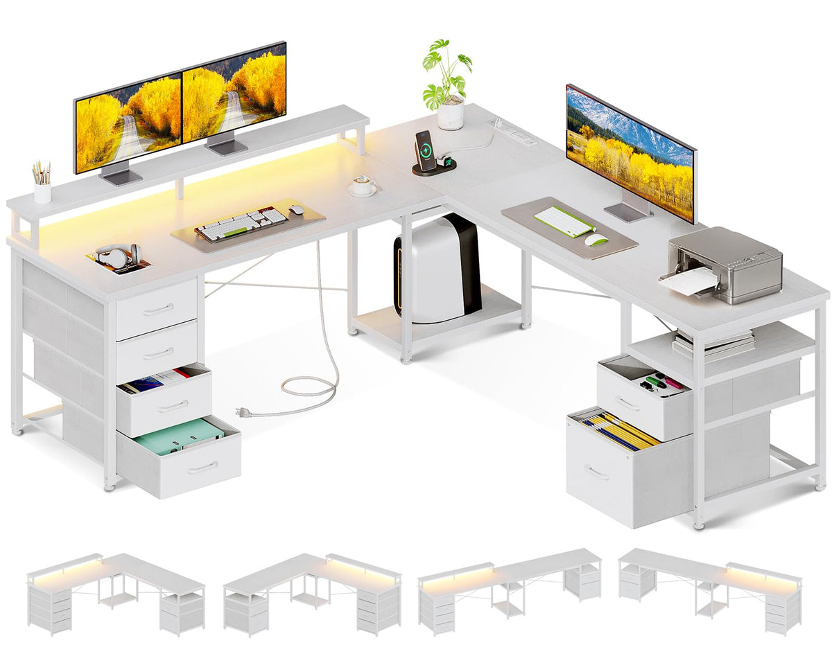 Aodk 66' L Shaped Computer Desk, 113“ Reversible Home Office Desk With File Cabinet & 4 Fabric Drawers, Two Person Desk With Led Lights & Power Outlet, Corner Gaming Desk With Monitor Shelf, White