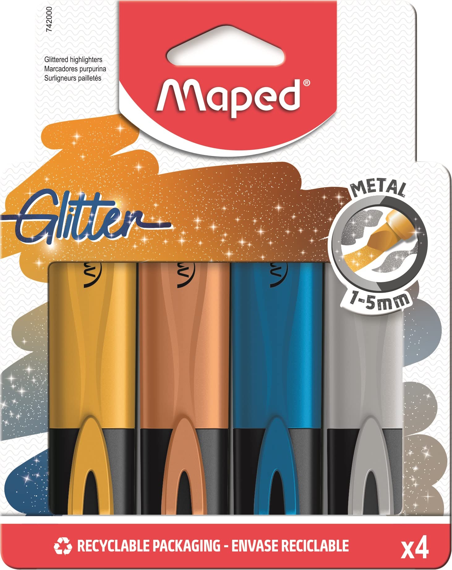 Maped Fluo Peps Classic Metallic Glitter Highlighters - Pack Of 4 - Study & Organize - Unique Glitter Ink - Versatile & Comforta