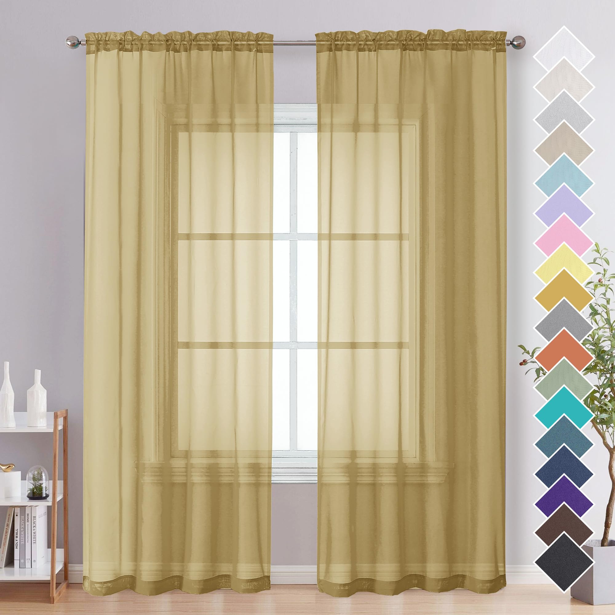 Ovzme Gold Sheer Curtains 84 Inches Long 2 Panels - Soft Light Filtering Window Sheer Panels For Living Room/Bedroom, Top Dual R