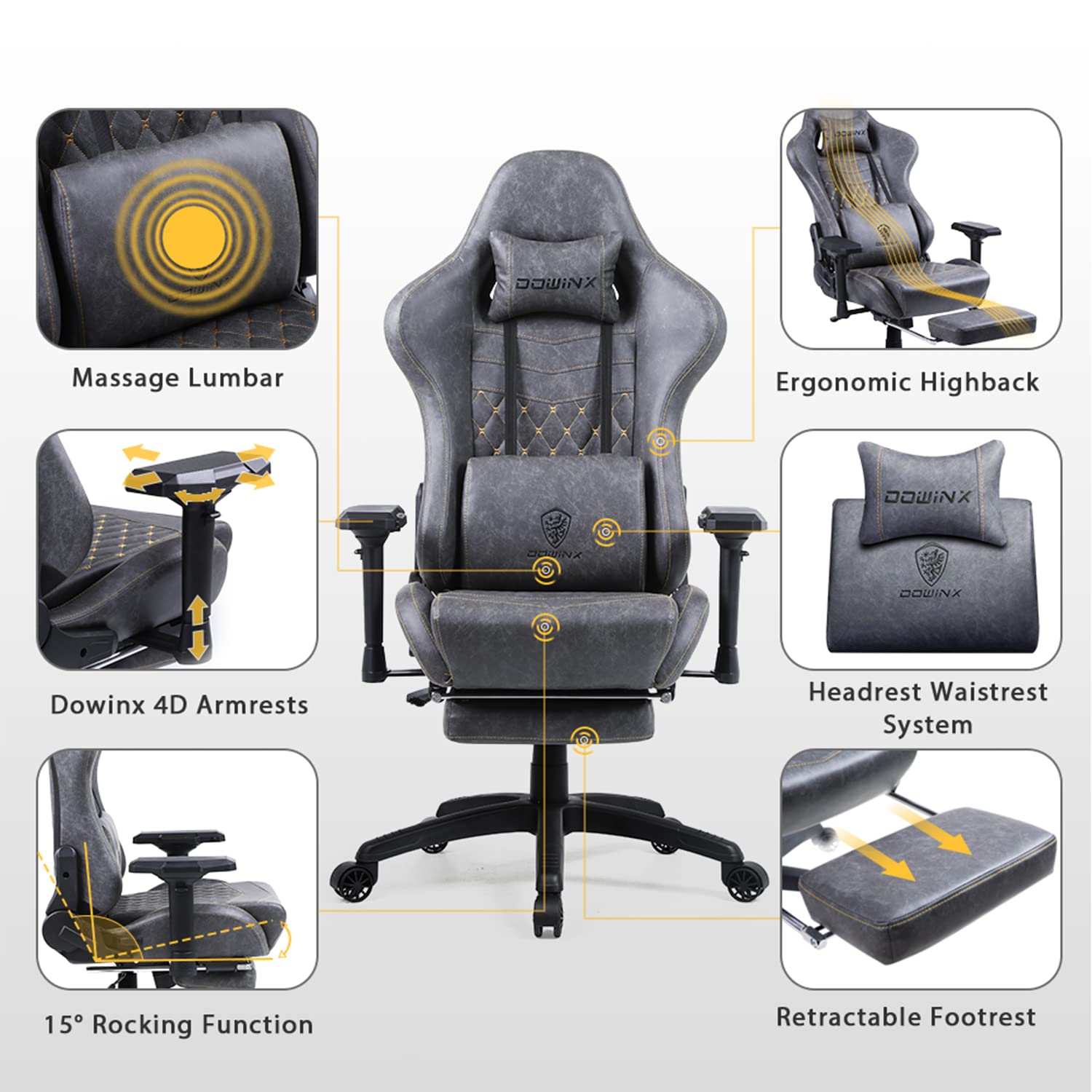 Dowinx Gaming Chair Ergonomic Racing Style Recliner With Massage Lumbar Support,4D Armrests Gamer Chair For Computer Pu Leather With Retractable Footrest (Grey)