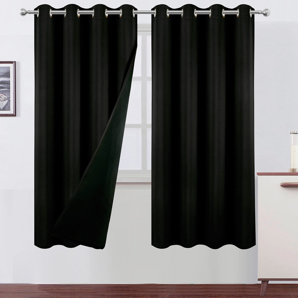 LEMOMO 100% Blackout Curtains 52 x 72 Inch/Black Curtains 2 Panels with Black Lining Room Darkening Thermal Insulated Bedroom Cu