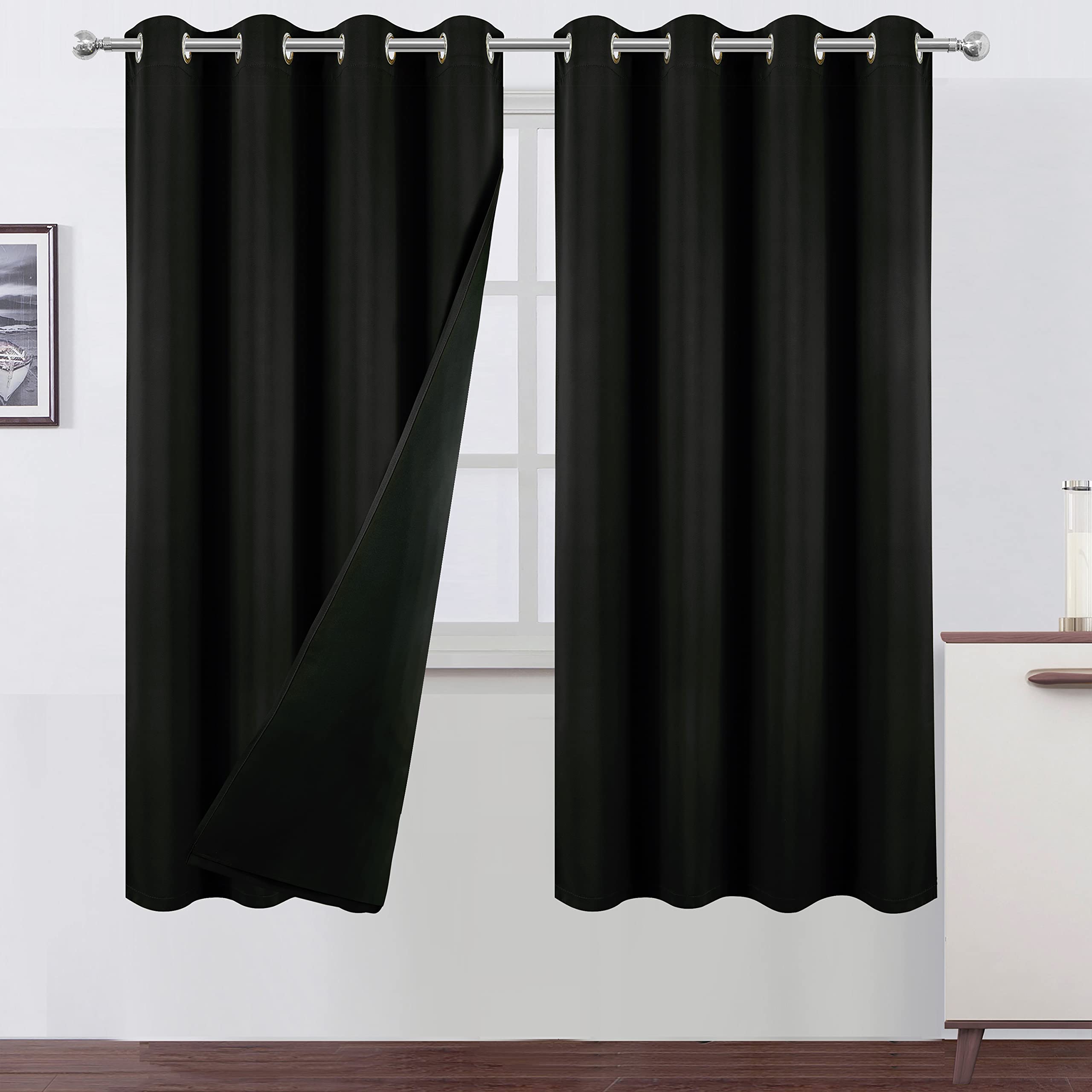 LEMOMO 100% Blackout Curtains 52 x 72 Inch/Black Curtains 2 Panels with Black Lining Room Darkening Thermal Insulated Bedroom Cu