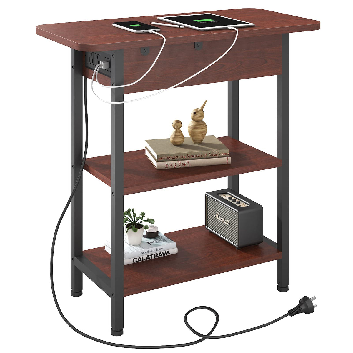Lidyuk End Table With Charging Station, Flip Top Side Table With Usb Ports And Outlets, Nightstand For Small Spaces, Bedside Tables With Storage Shelf For Living Room, Bedroom, Dark Cherry