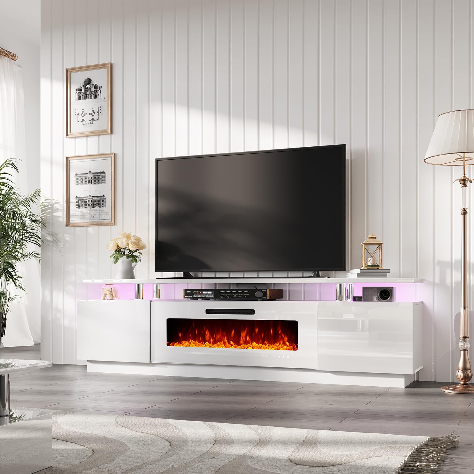 Amerlife Fireplace Tv Stand With 40' Fireplace, 80' Modern High Gloss Fireplace Entertainment Center Led Lights, 2 Tier Tv Console Cabinet For Tvs Up To 90', White & White