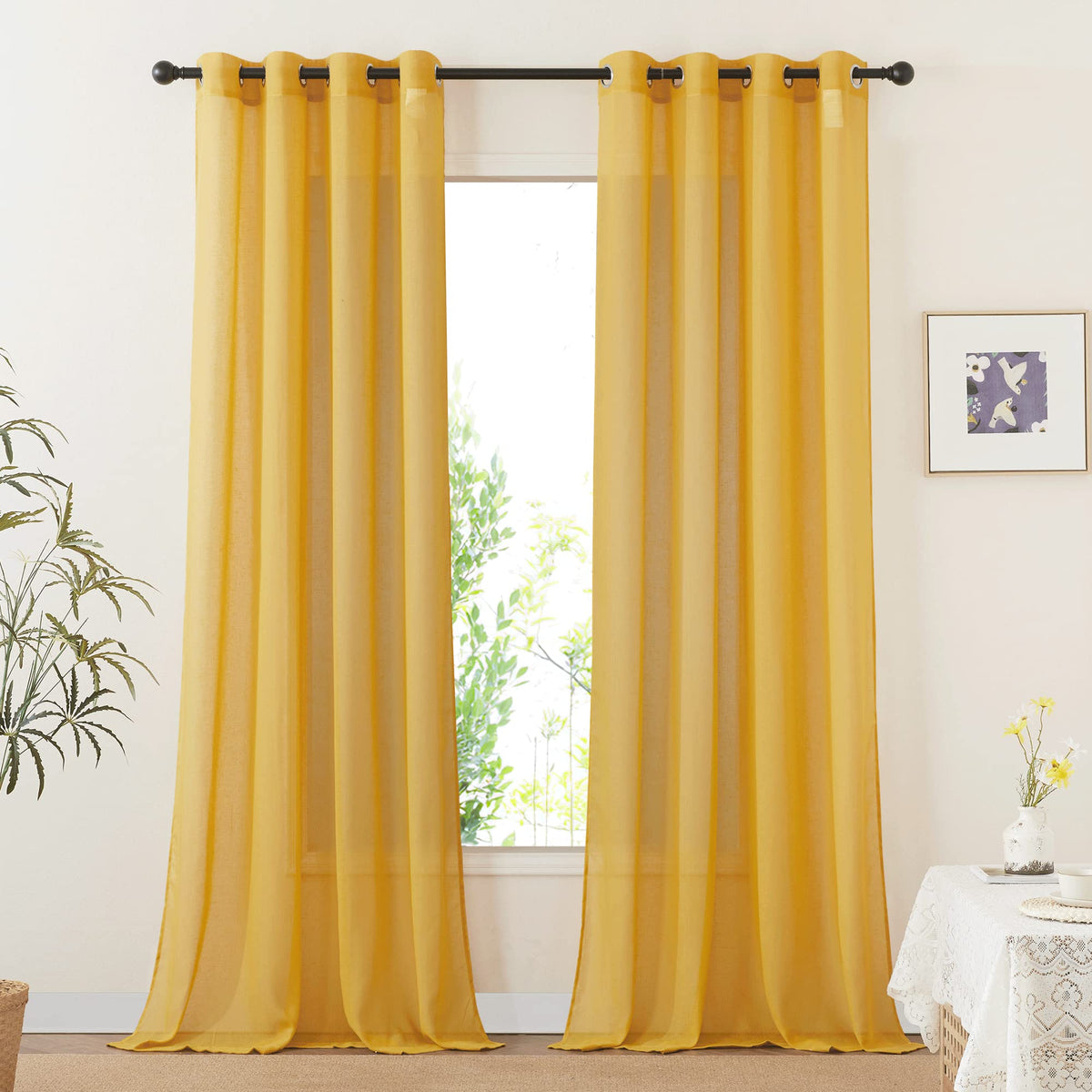 Nicetown Citrine Linen Curtains 108 Inches Long, Grommet Decorative Semi Sheer Gold Curtains Linen Blend Window Drapes Privacy W