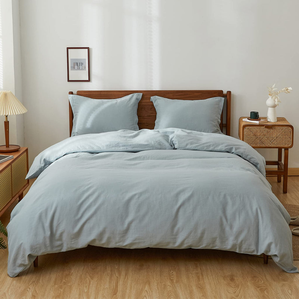 Simple&Opulence 100% Linen Duvet Cover Set, 3 PCS Pure Natural French Flax Dusty Blue Duvet Cover Queen Size, Breathable Soft Co