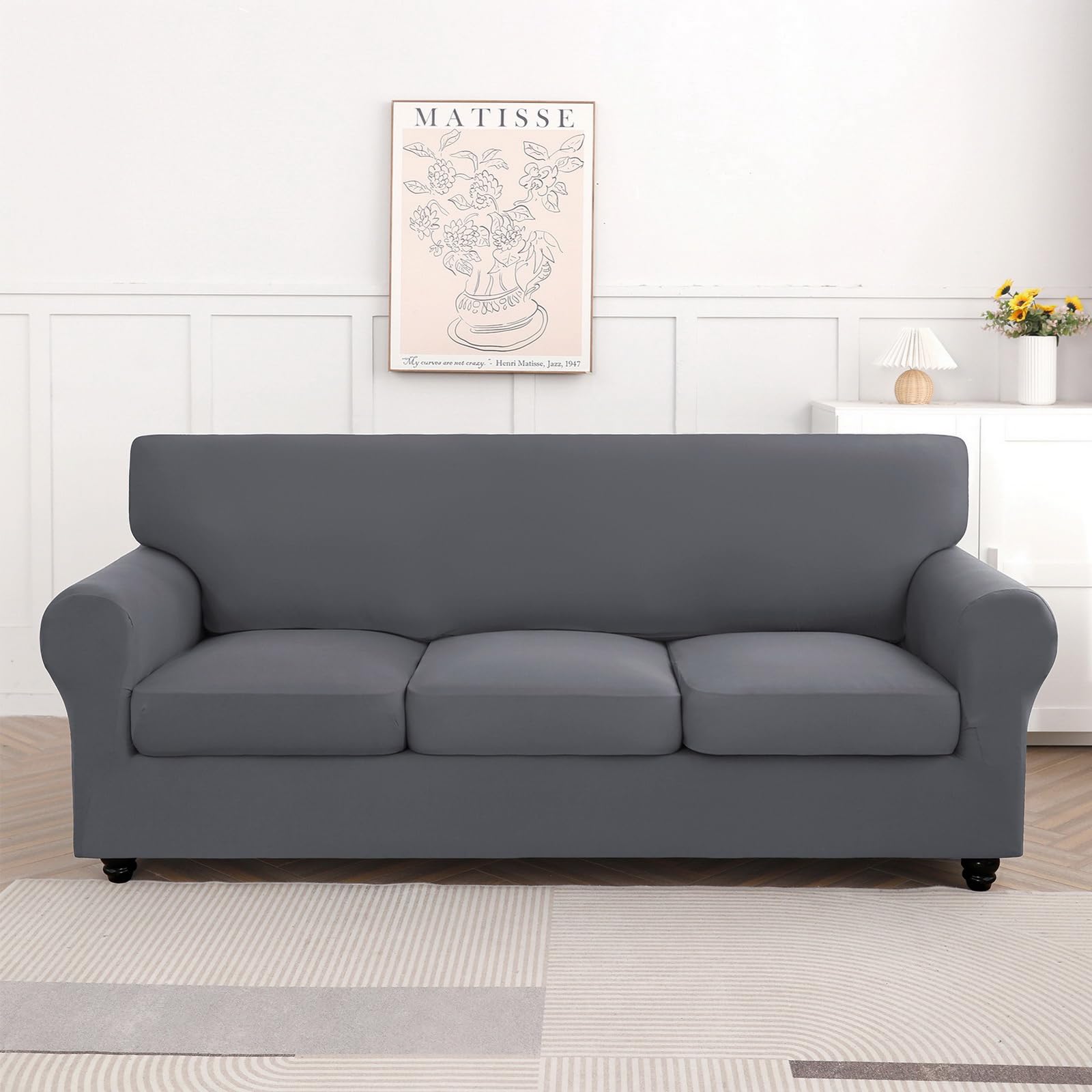 Searchi Stretch Sofa Cover Couch Cover, 4 Pieces Sofa Slipcover With 3 Separate Cushion Cover, Washable Furniture Protector For Living Room(Sofa, Grey)