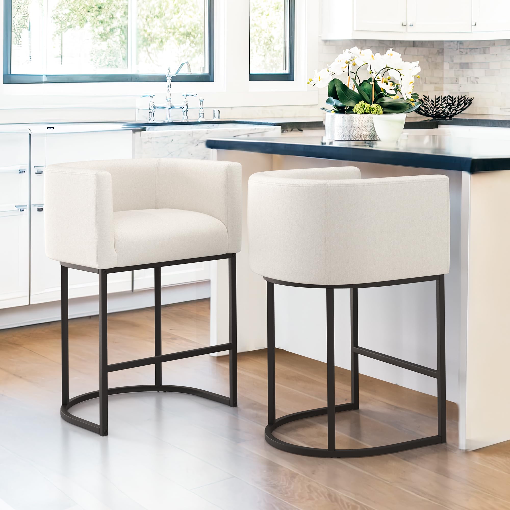 LUE BONA 27'' H Counter Height Bar Stools Set of 2, Modern Barrel Counter Stools with Backrest and Arms, Black Metal Frames, Lin