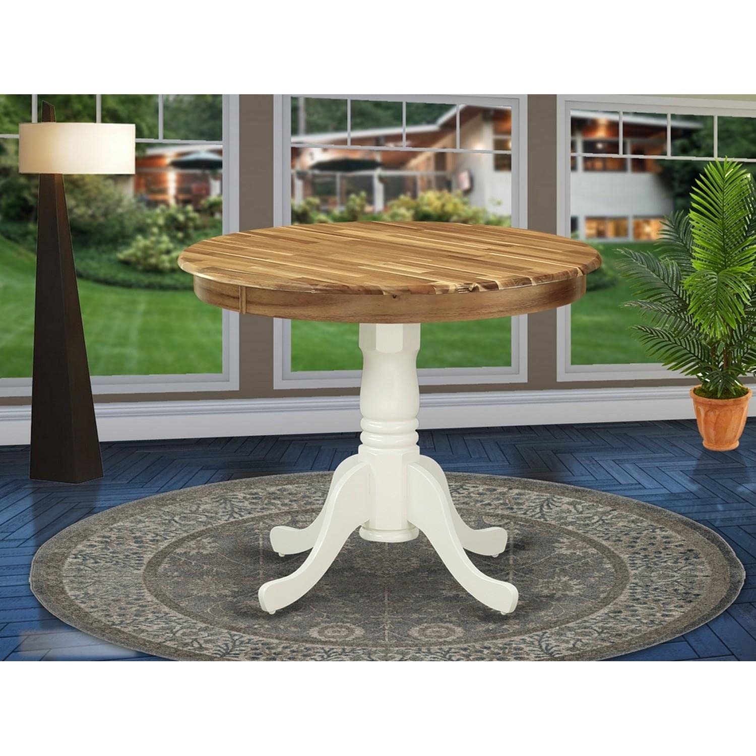 East West Furniture AMT-NLW-TP Antique Dining Table - a Round Wooden Table Top with Pedestal Base, 36x36 Inch, Natural & Linen White