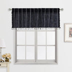Roomtalks Black Boho Kitchen Valances For Windows, 18’’L X 52’’W Gothic Moody Striped Farmhouse Vintage Country Cottage Textured Tassel Curtain Valances For Bathroom Living Room