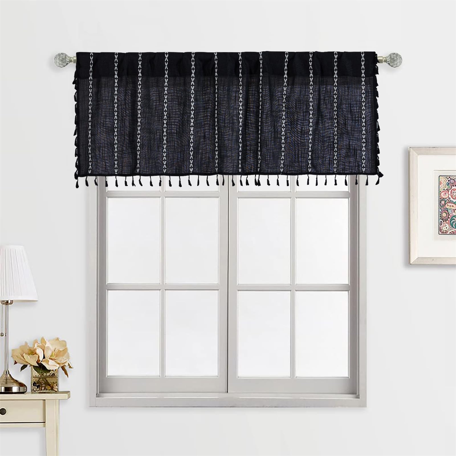 Roomtalks Black Boho Kitchen Valances For Windows, 18’’L X 52’’W Gothic Moody Striped Farmhouse Vintage Country Cottage Textured Tassel Curtain Valances For Bathroom Living Room